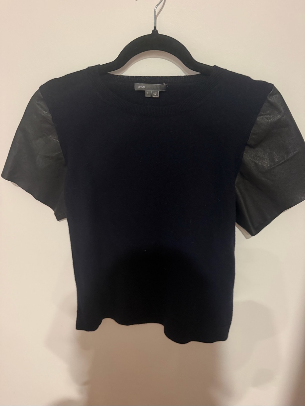 Vince Black Short Sleeve Knit Top with Faux Leather Sleeves